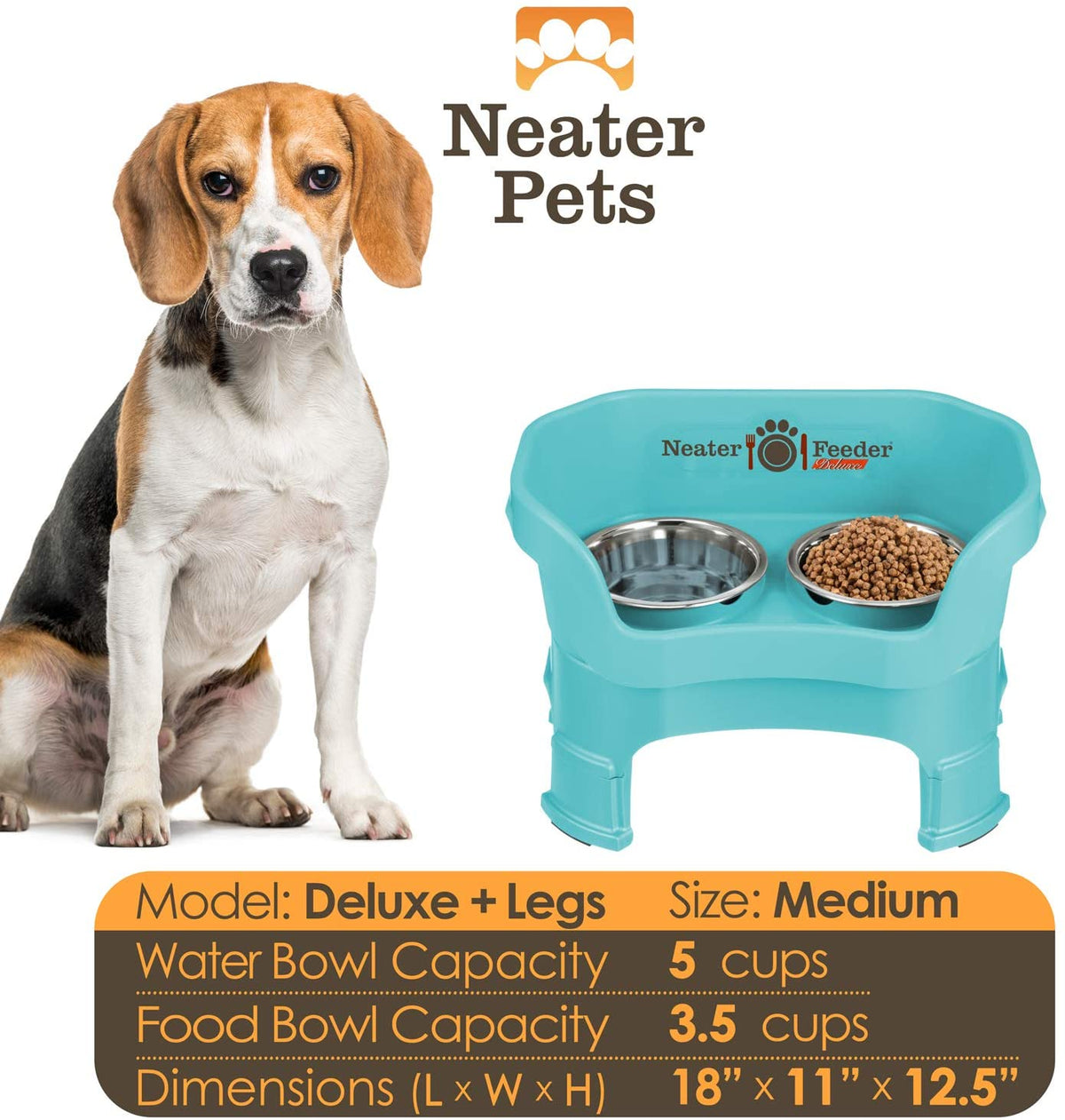 A chart displaying the Deluxe medium with leg extension bowl capacity and dimensions, with a medium-sized dog next to the chart.