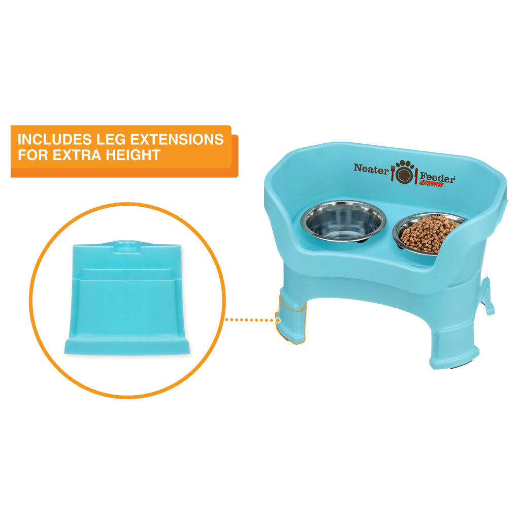 The Neater Feeder Deluxe medium with a close-up of the leg extensions that are included.