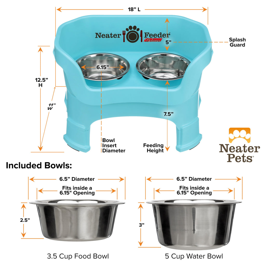 A chart showing the dimensions of the Neater Feeder Deluxe medium  with leg extensions as well as the stainless steel bowls against a white background.