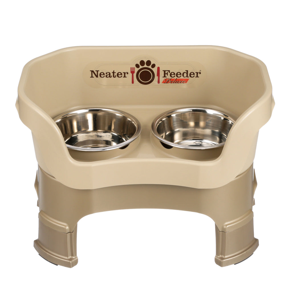 Neater Feeder Deluxe medium with leg extensions in Cappuccino with two stainless steel bowls against a white background.