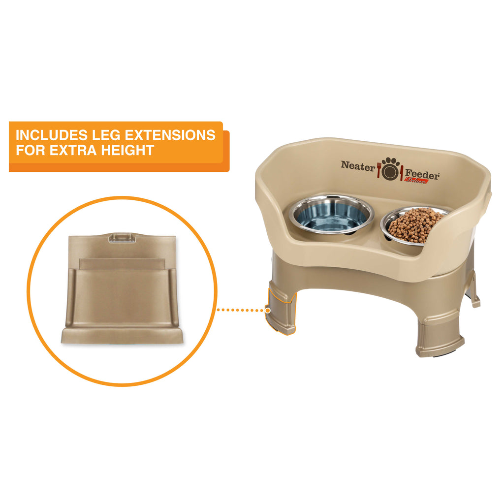 The Neater Feeder Deluxe medium with a close-up of the leg extensions that are included.