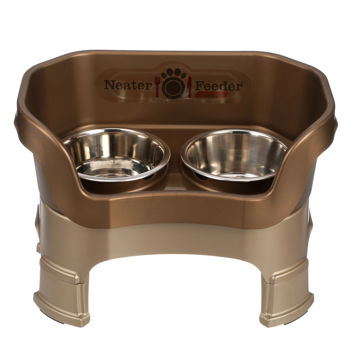 Neater Feeder Deluxe medium with leg extensions in Bronze with two stainless steel bowls against a white background.