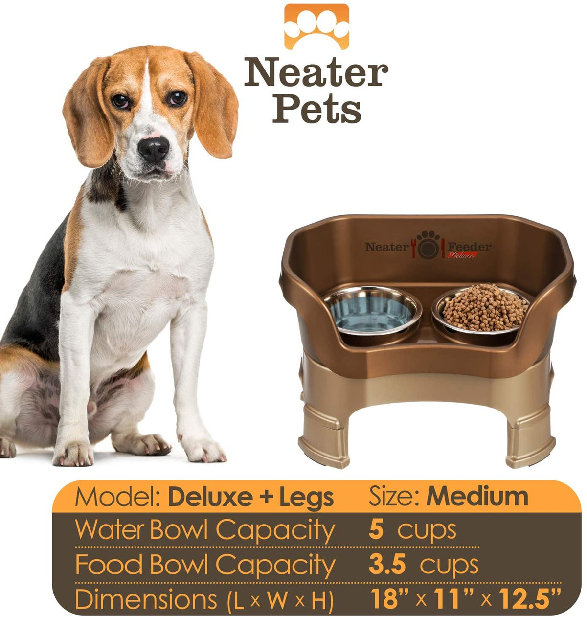 A chart displaying the Deluxe medium with leg extension bowl capacity and dimensions, with a medium-sized dog next to the chart.