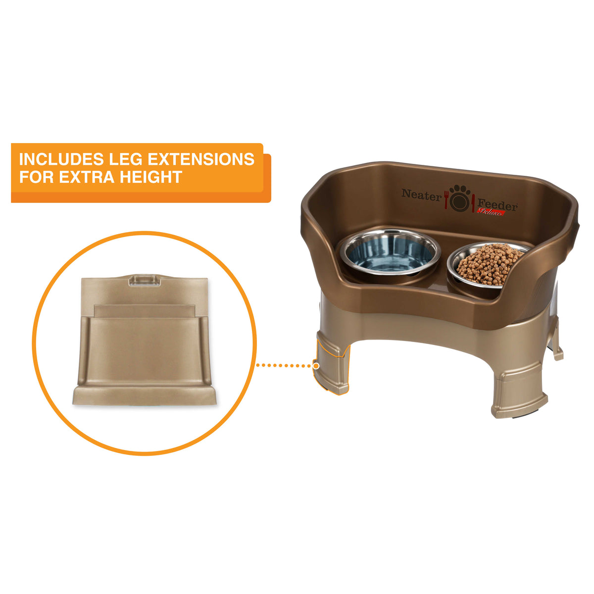 The Neater Feeder Deluxe medium with a close-up of the leg extensions that are included.