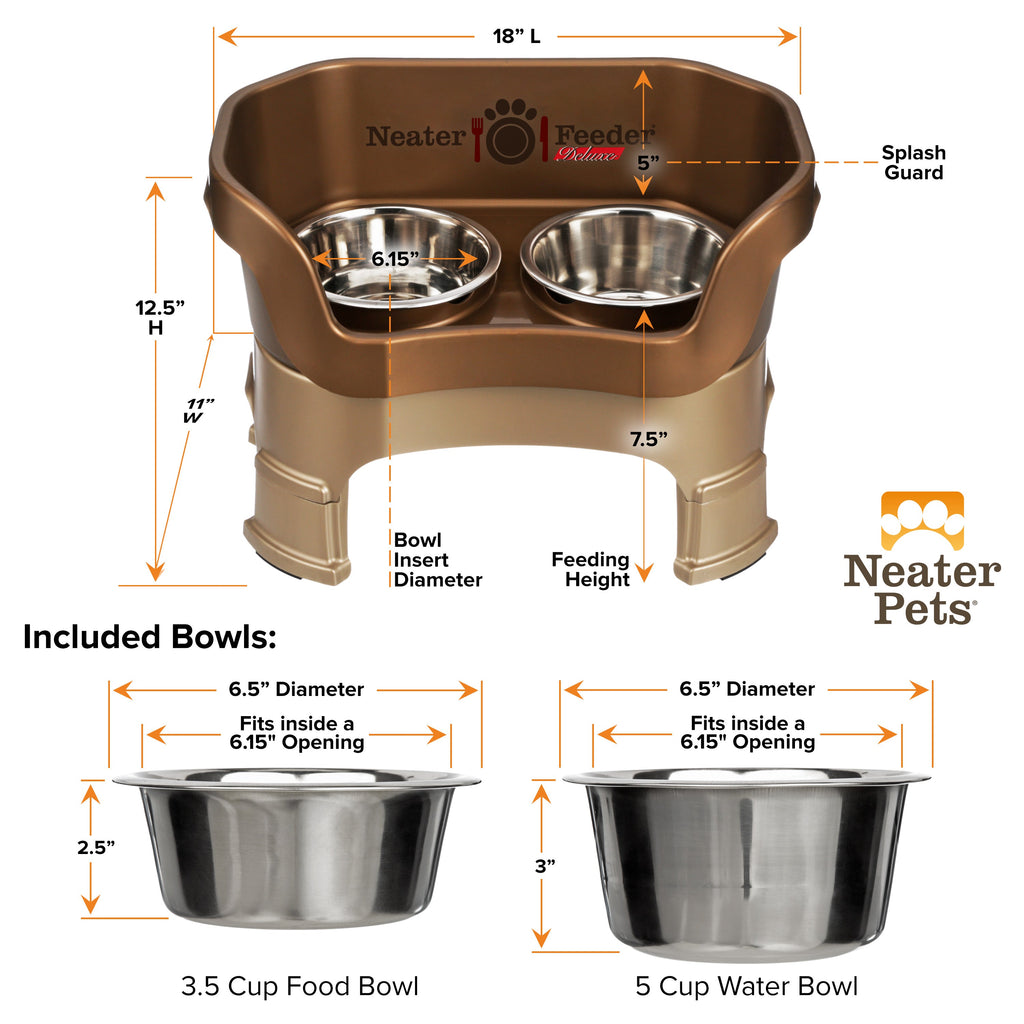 A chart showing the dimensions of the Neater Feeder Deluxe medium  with leg extensions as well as the stainless steel bowls against a white background.