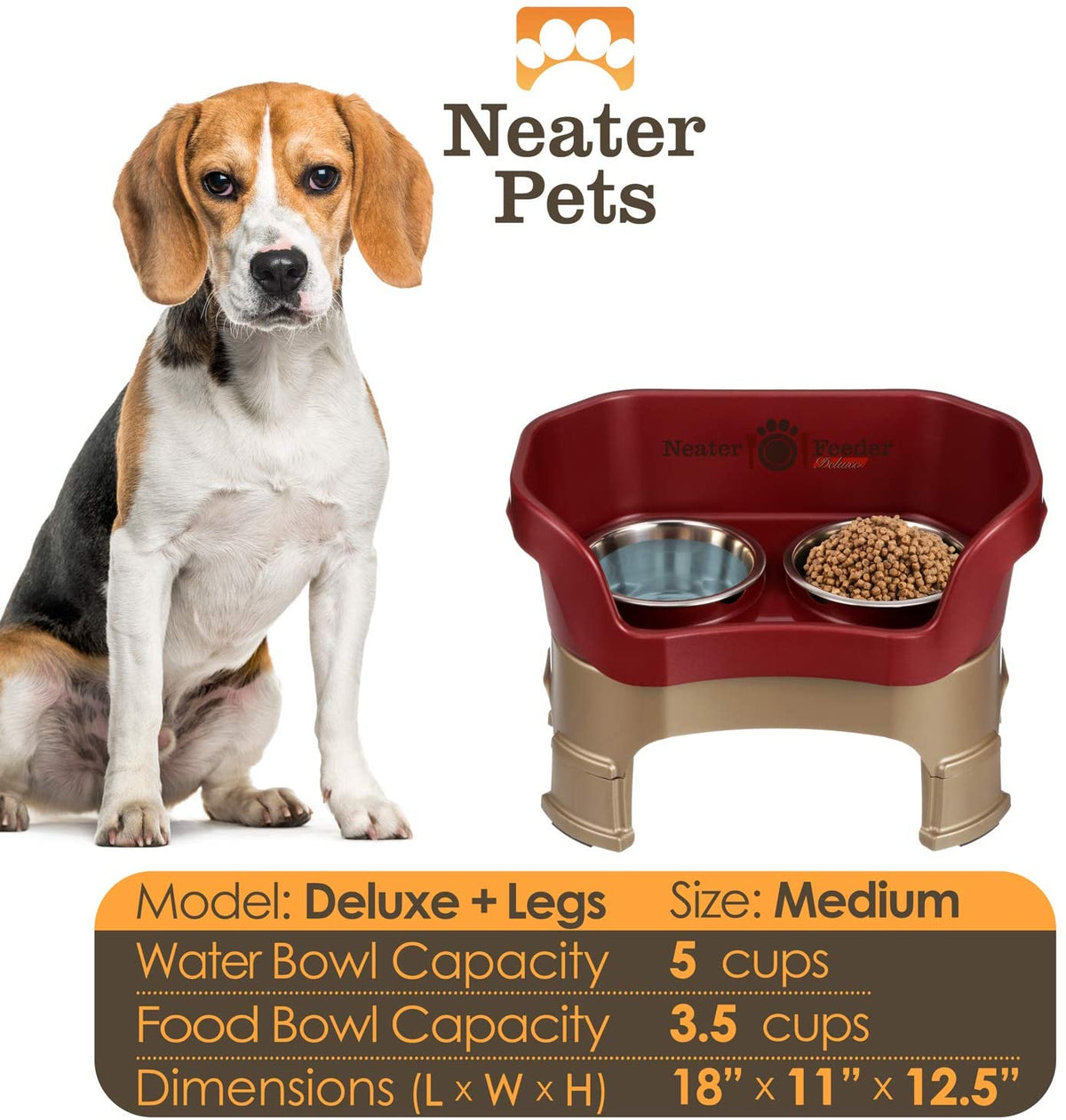 A chart displaying the Deluxe medium with leg extension bowl capacity and dimensions, with a medium-sized dog next to the chart.