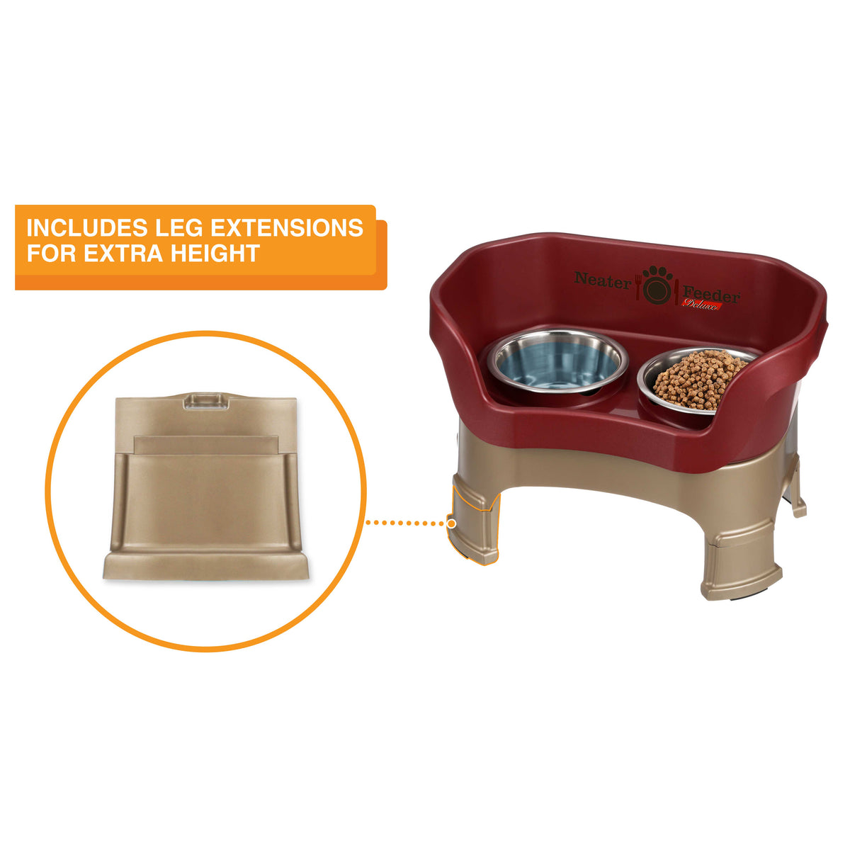 The Neater Feeder Deluxe medium with a close-up of the leg extensions that are included.