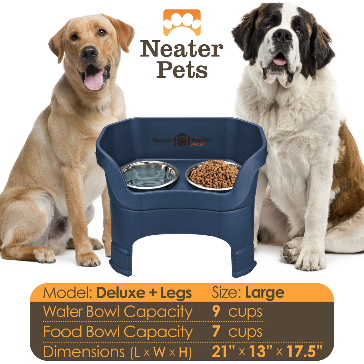 A chart displaying the Deluxe large with and leg extension bowl capacity and dimensions, with two large sized dogs next to the chart.