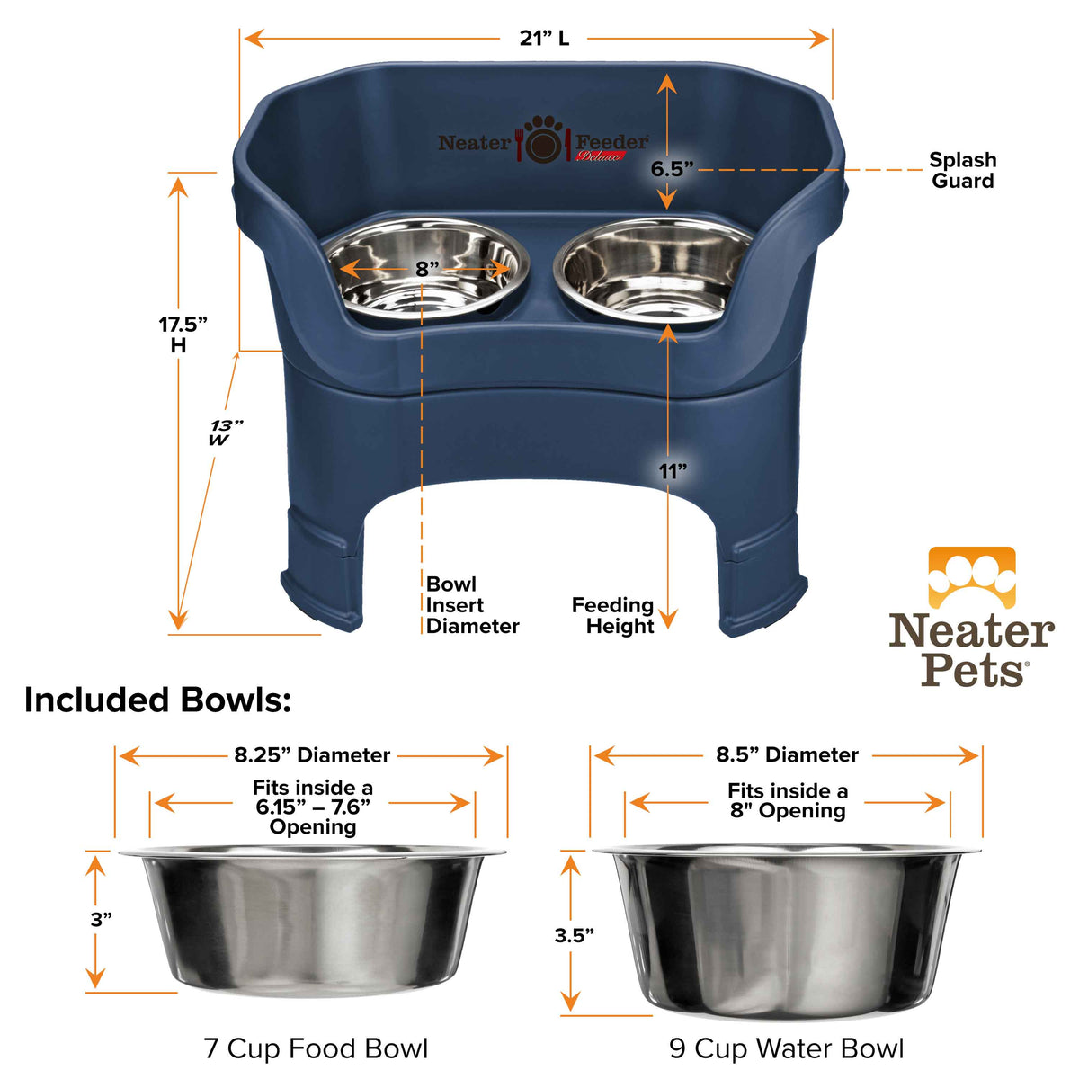 A chart showing the dimensions of the Neater Feeder Deluxe large with leg extensions as well as the stainless steel bowls against a white background.