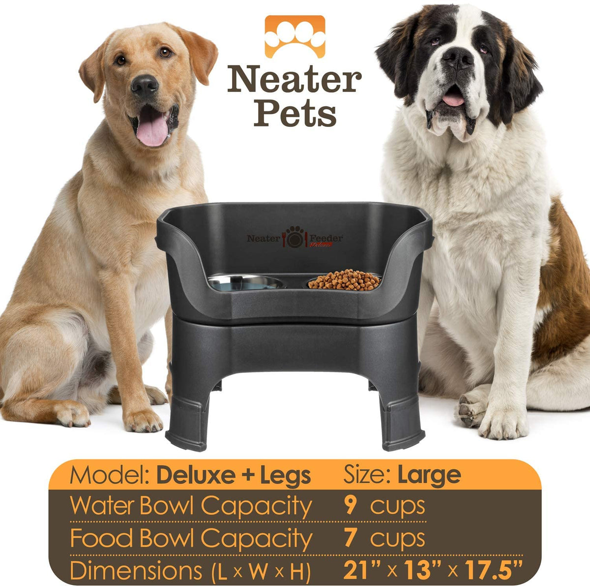 A chart displaying the Deluxe large with and leg extension bowl capacity and dimensions, with two large sized dogs next to the chart.