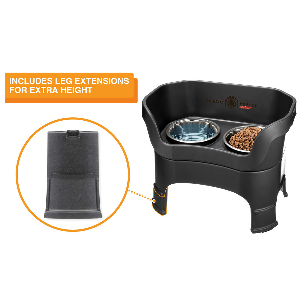The Neater Feeder Deluxe large with a close-up of the leg extensions that are included.