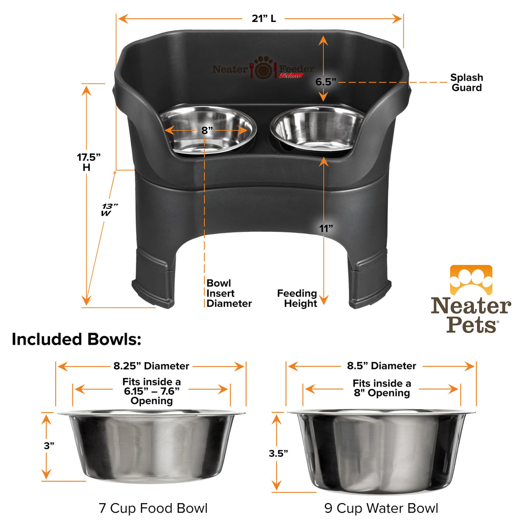 A chart showing the dimensions of the Neater Feeder Deluxe large with leg extensions as well as the stainless steel bowls against a white background.