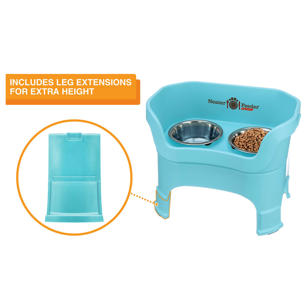 The Neater Feeder Deluxe large with a close-up of the leg extensions that are included.