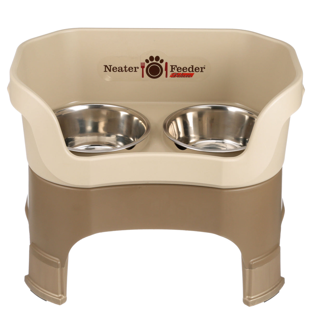 Neater Feeder Deluxe large with leg extensions in Cappuccino with two stainless steel bowls against a white background.