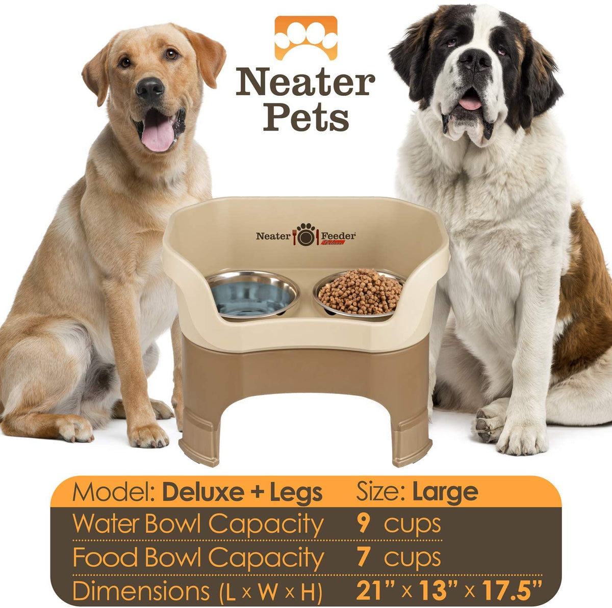 A chart displaying the Deluxe large with and leg extension bowl capacity and dimensions, with two large sized dogs next to the chart.
