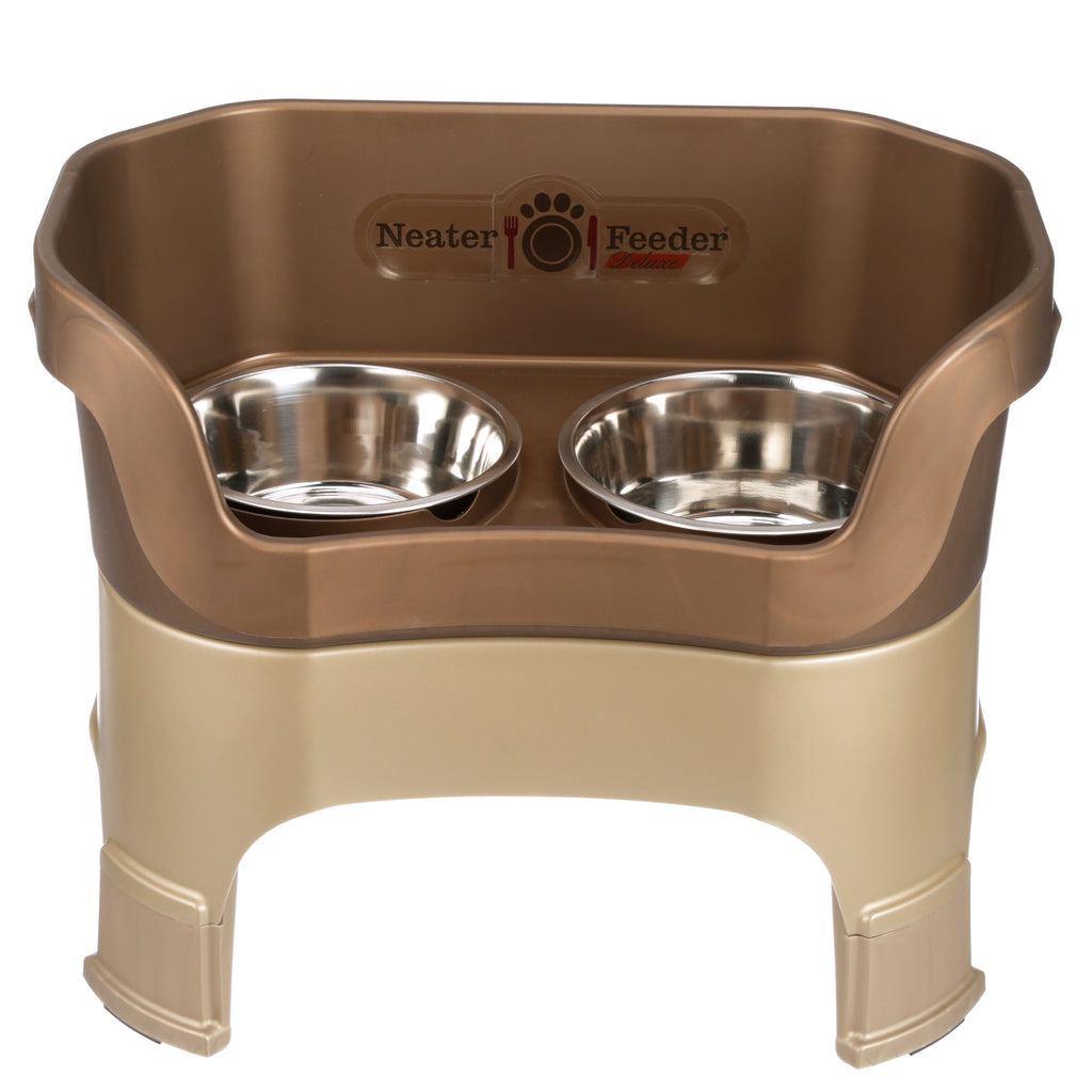 Neater Feeder Deluxe large with leg extensions in Bronze with two stainless steel bowls against a white background.