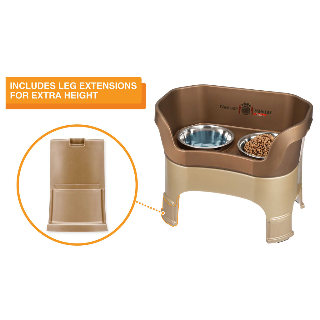 The Neater Feeder Deluxe large with a close-up of the leg extensions that are included.