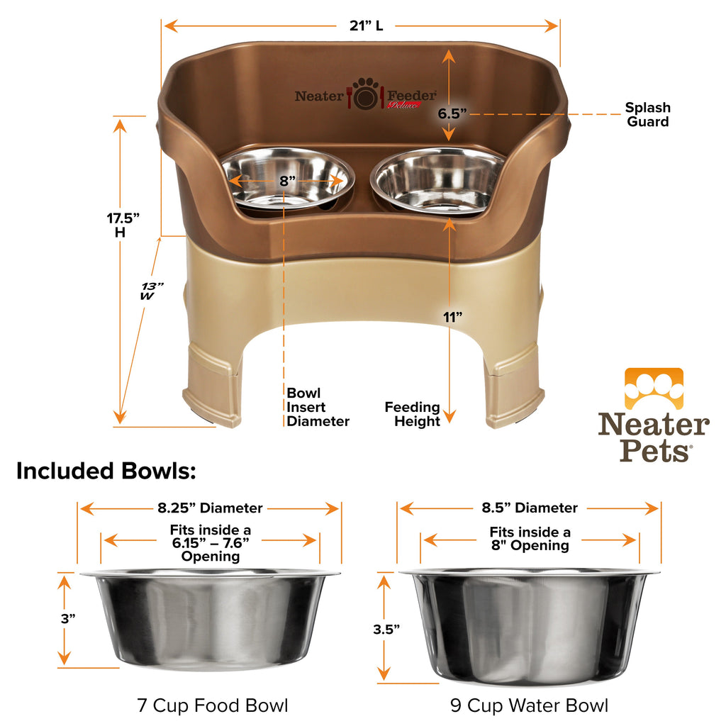 A chart showing the dimensions of the Neater Feeder Deluxe large with leg extensions as well as the stainless steel bowls against a white background.
