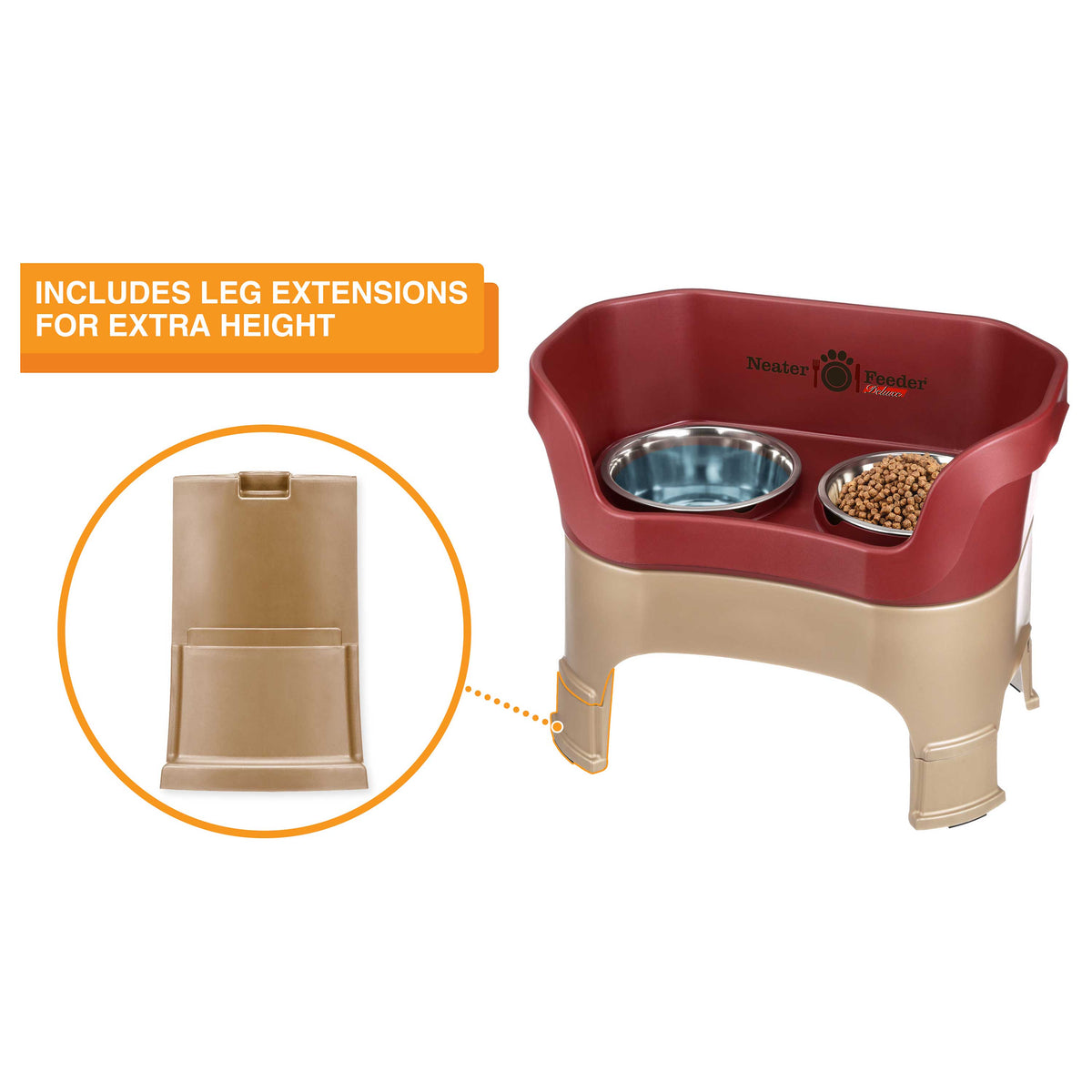 The Neater Feeder Deluxe large with a close-up of the leg extensions that are included.