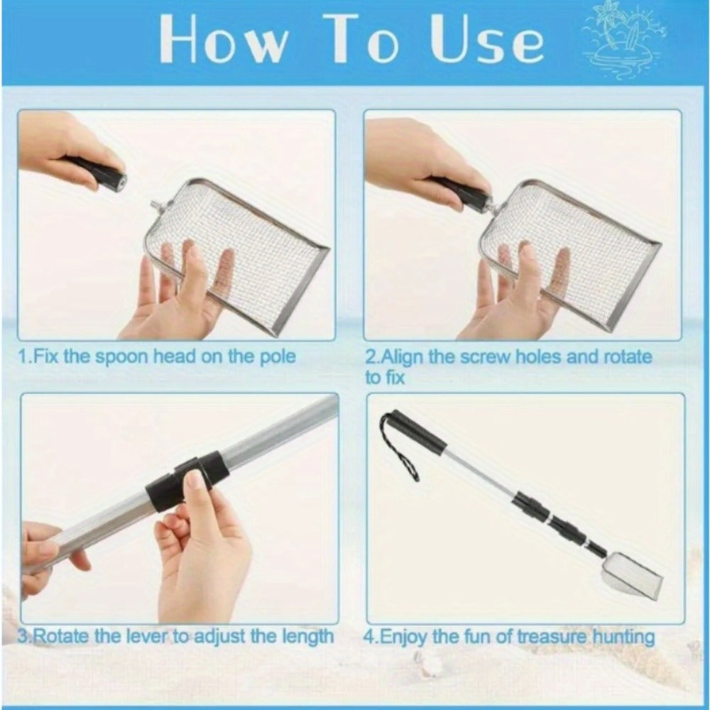 Stainless Steel Beach Sand Sifter with Retractable Telescopic Handle – Portable Sand Sieve for Treasure Hunting
