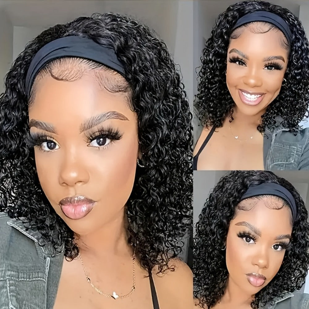 Headband Wig Curly Wavy for Women Black Synthetic Glueless No Lace – Elastic Cap Heat Resistant Beginner Friendly for Daily Wear Party