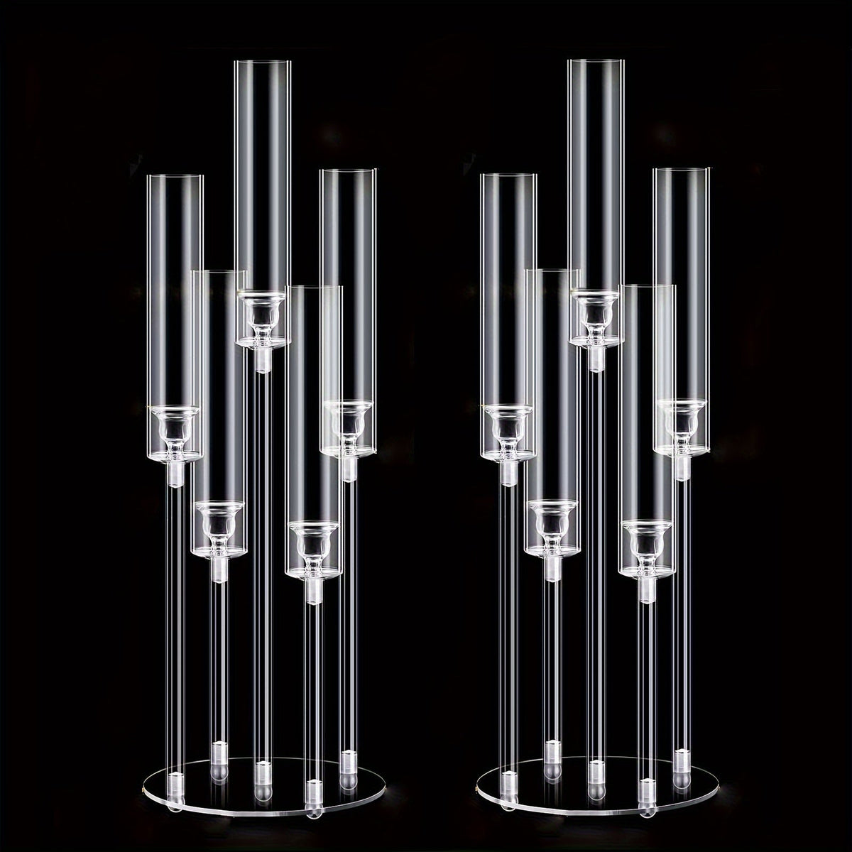 Candle Holder Set of 2 Clear Acrylic Five-Arm Candelabras with Cylindrical Shades for Flameless LED Candles