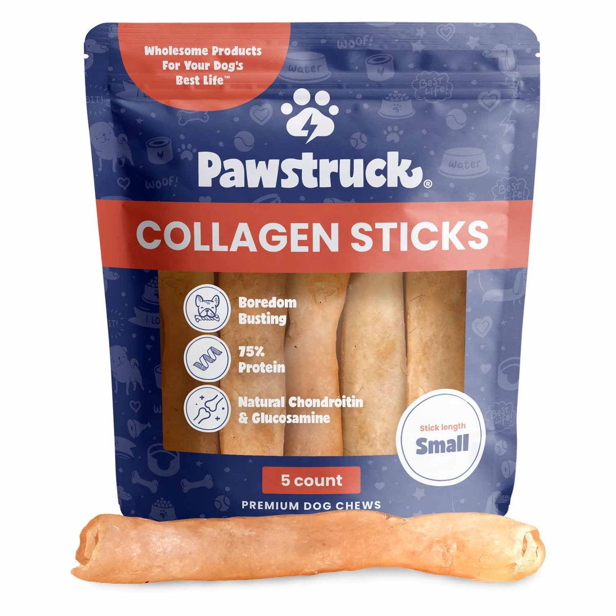 Product image of the Pawstruck Small Beef Collagen Sticks 5 count. Best Collagen Chews for Dogs. Best Collagen Sticks