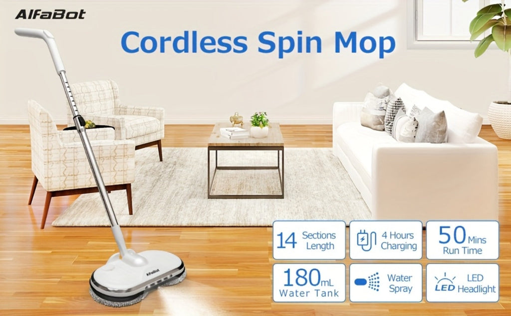 Cordless Electric Spin Mop with LED Headlight & Sprayer, 50-Min Runtime 6oz Water Tank, Floor Scrubber for Hardwood Tile Laminate Floors