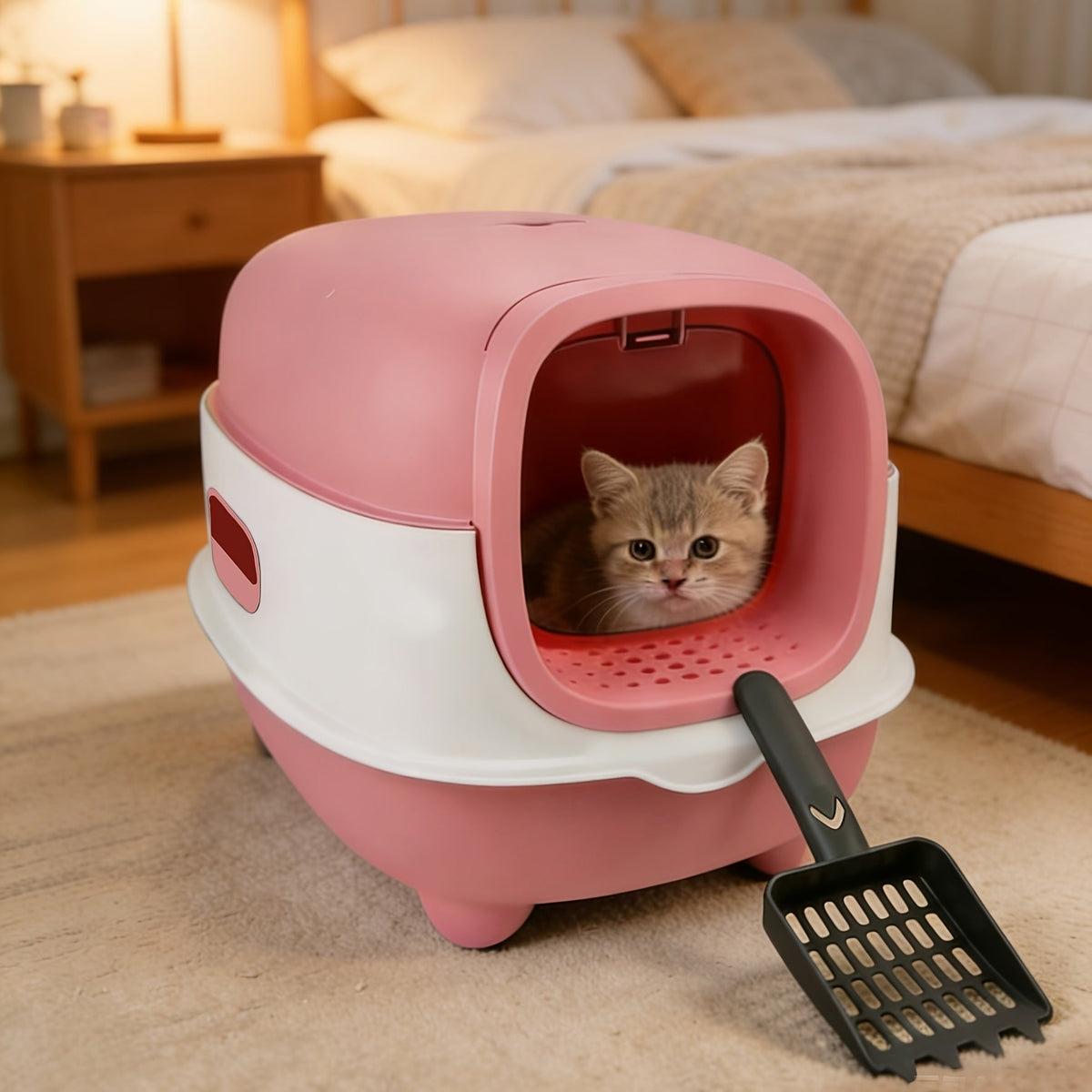 Hooded Cat Litter Box with Front Entry, Removable Shell and Open-Lid Access in Pink, Gray, Purple, Blue or Green