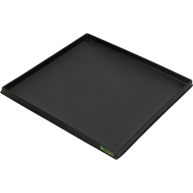 Large black plastic tray for indoor dog potty grass with raised sides and DoggieLawn logo.