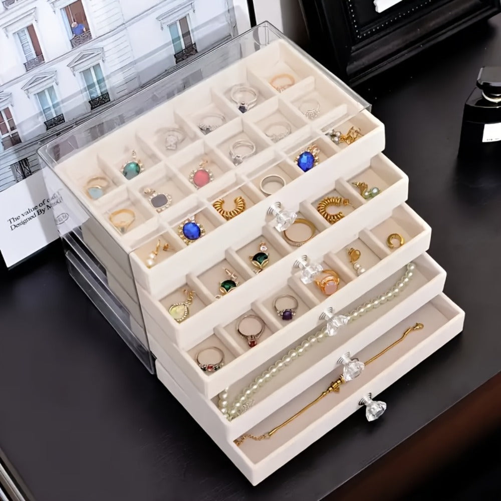 Jewelry Organizer 5-Tier 56-Grid Drawer Box in Gray or Beige for Rings, Earrings, Brooches and Hair Clips