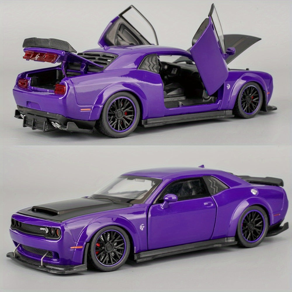 Purple Dodge Sports Car Zinc Alloy Diecast Model with Display Base & Openable Doors, High Simulation Static Display Collectible