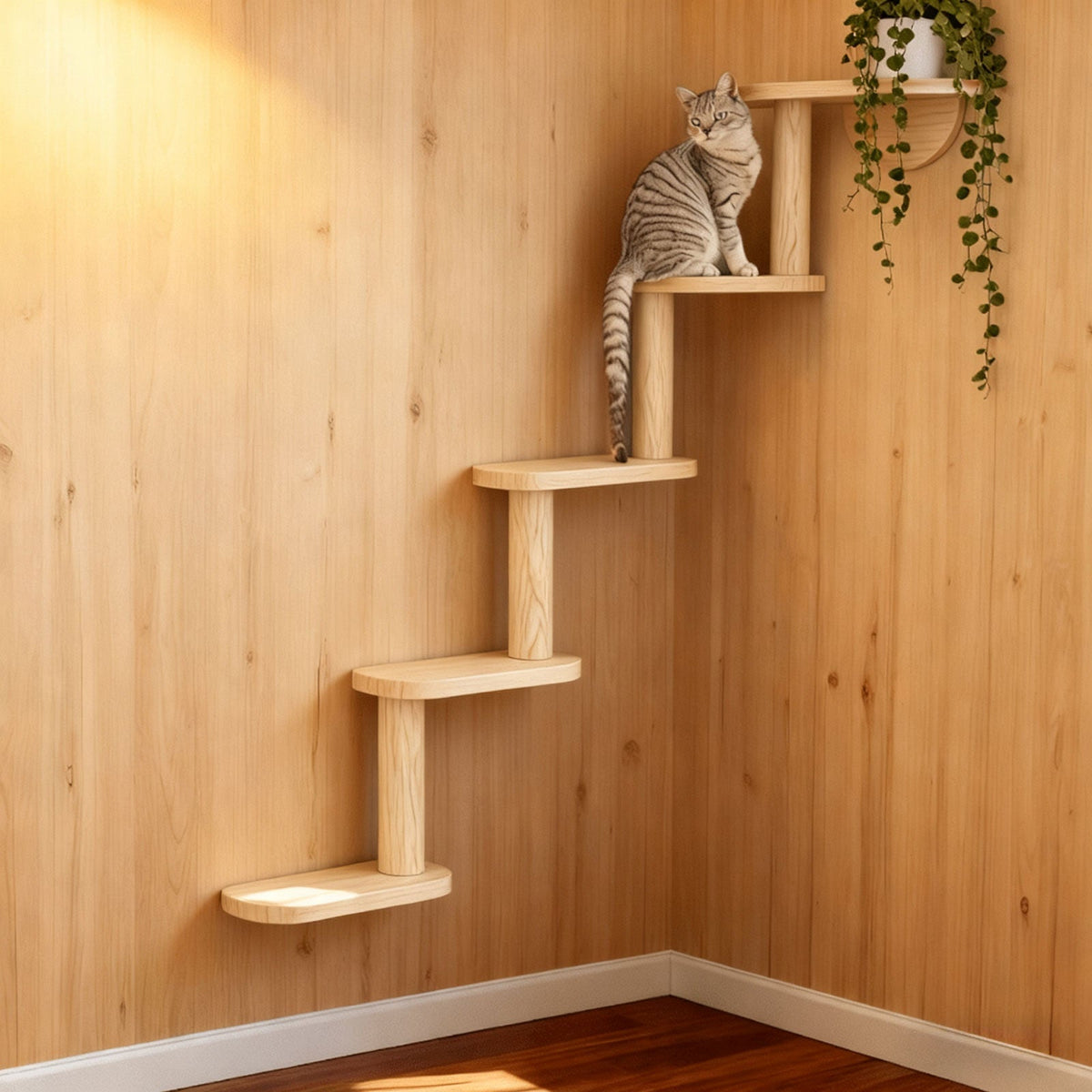 Wall-Mounted Cat Tree 5 Layers Solid Wood Indoor Cat Climbing Frame Jumping Platform Ladder Space-Saving for Small Spaces Multi-Cat Homes