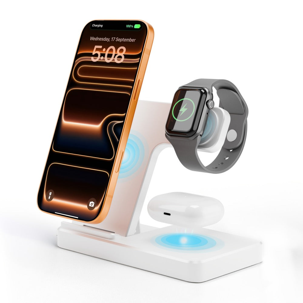 Wireless Charging Station, Foldable 3-in-1 15W Portrait-Landscape Stand with Four Black or White Adapter Options