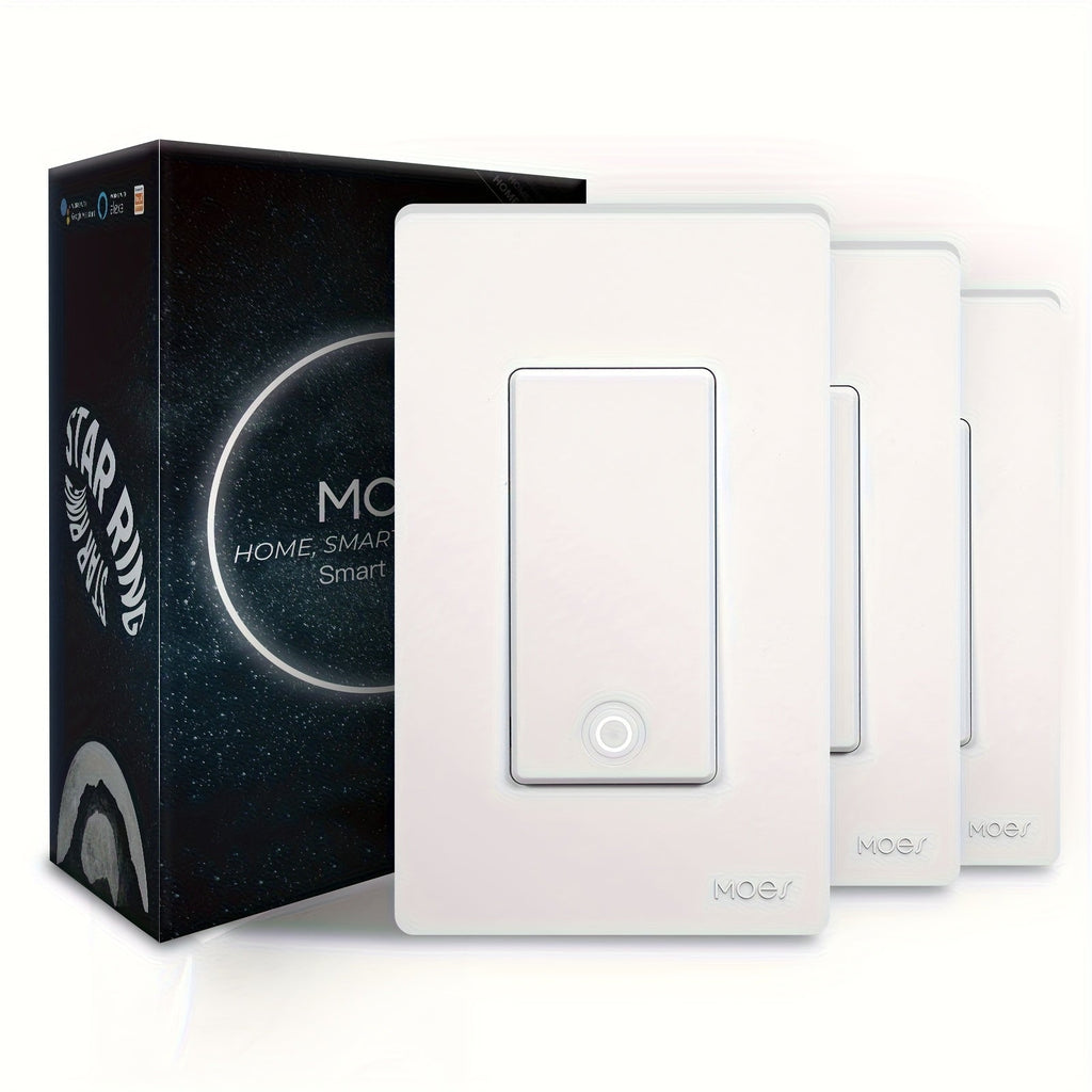 White Star Ring WiFi Wall Switch Three-Pack for Single-Pole or 3-Way Circuits with App, Voice and Timer Control