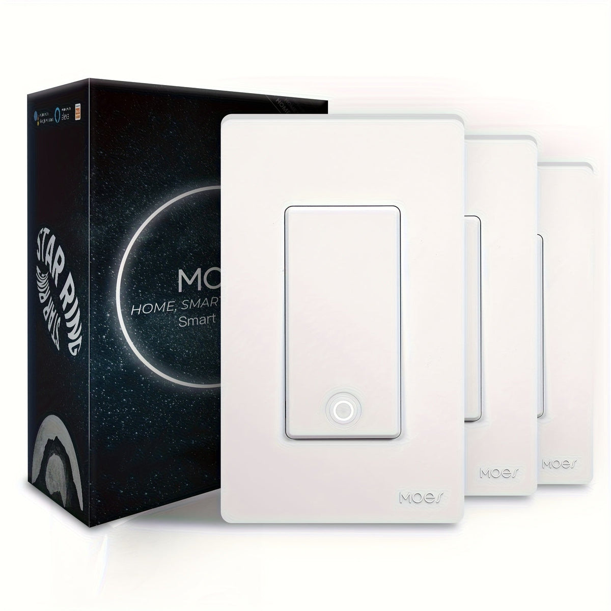 White Star Ring WiFi Wall Switch Three-Pack for Single-Pole or 3-Way Circuits with App, Voice and Timer Control