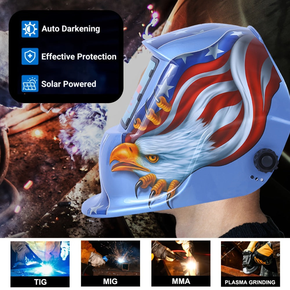 Graphic Auto-Darkening Welding Helmet with Eagle, Lightning or Black-Fire Shell Designs and Adjustable Headgear