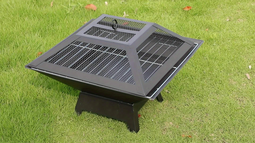18.5-Inch Black Square Fire Pit and Grill with Mesh Pyramid Cover, Cooking Grate and Long Poker