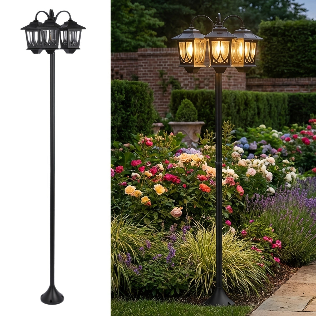 Three-Head Solar Lamp Post, Up to 73 Inches with Four Height Settings and 3000K Light Label