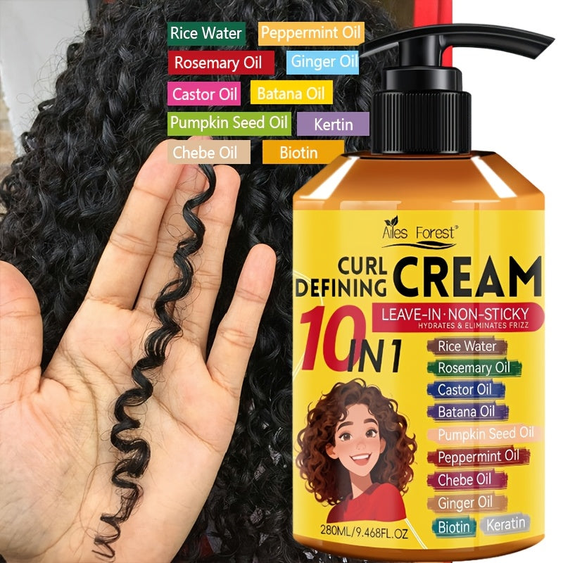 10-in-1 Curl Styling Cream in a 280ml Pump Bottle with Rice Water, Biotin and Named Oils Listed on Label