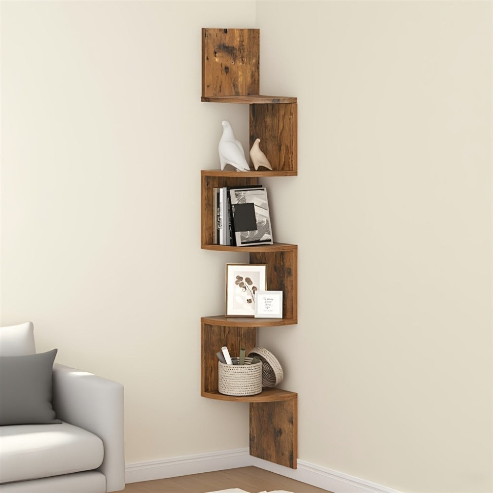 Corner Floating Shelf 5-Tier Wall Mount, Space Saving Storage Rack for Bedroom Living Room, Radial Display Organizer