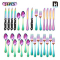 24-Piece Rainbow Flatware Set with Four Black-Handle Steak Knives and Six Four-Piece Utensil Groups