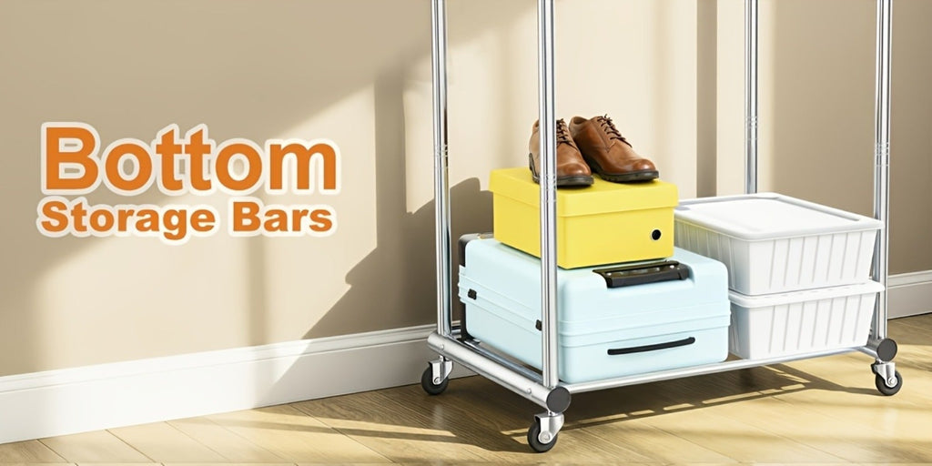 Portable Clothes Rack with Wheels, Double Rod Garment Rack with Shelves & Hooks, Metal Rolling Clothing Rack for Hanging Clothes