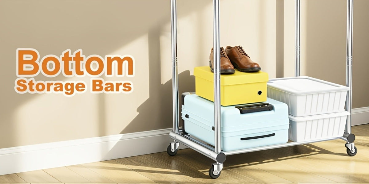 Portable Clothes Rack with Wheels, Double Rod Garment Rack with Shelves & Hooks, Metal Rolling Clothing Rack for Hanging Clothes