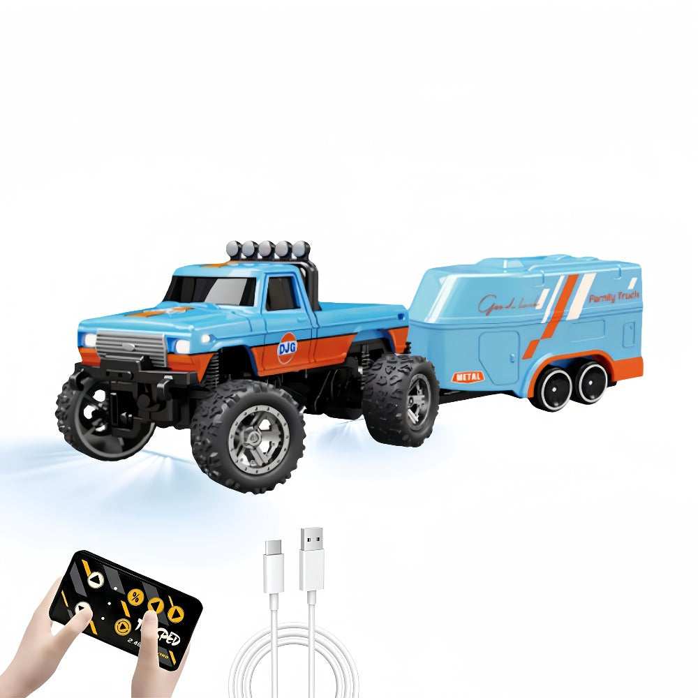 Mini RC Truck Toy 1:64 Scale 2.4GHz Off-Road Alloy Crawler with Detachable Trailer Body Lights & LED Headlights