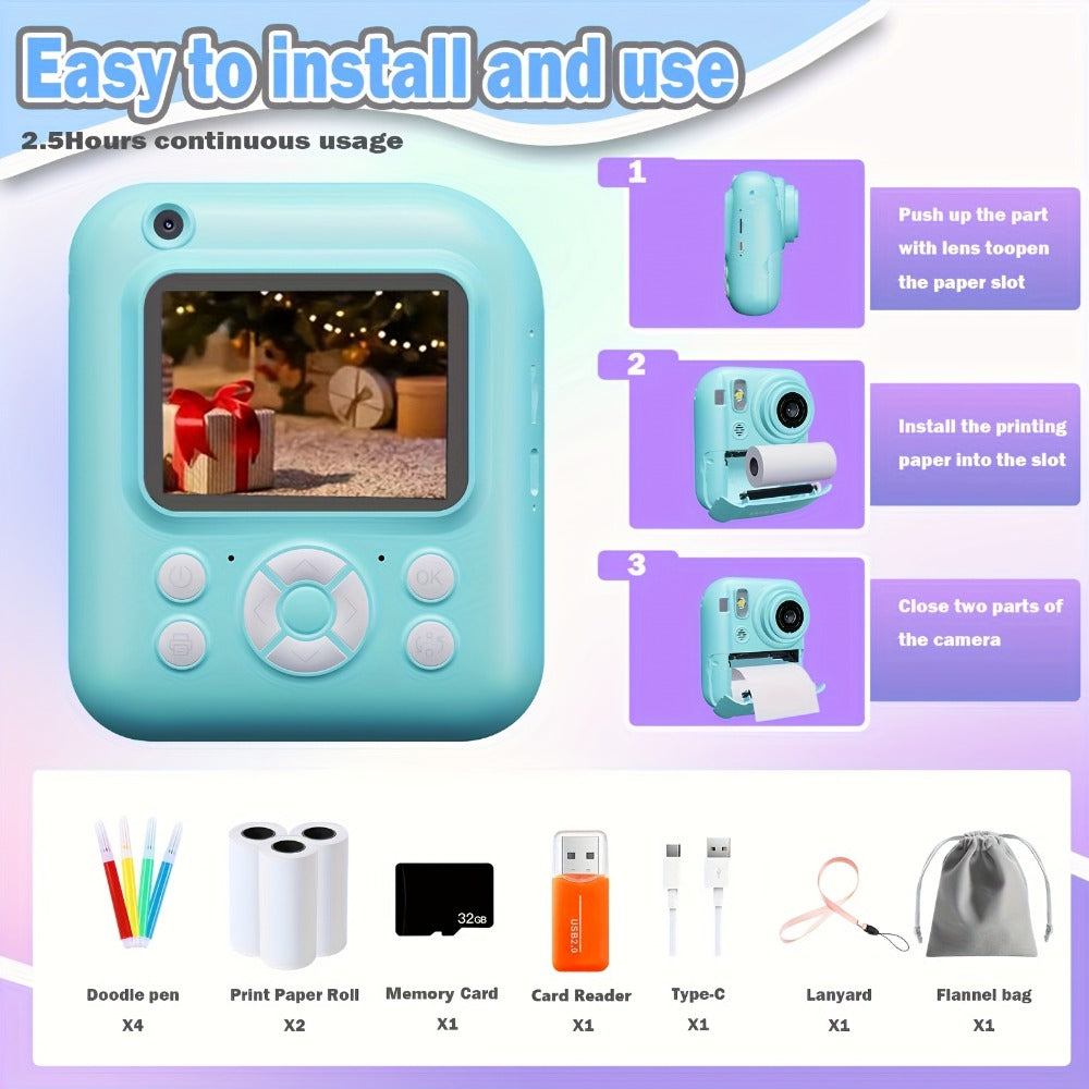 Instant Print Camera for Kids 48MP with Print Paper 32G TF Card 1080P FHD Video Flash MP4 Puzzle Game for a Home Lash Beauty Routine