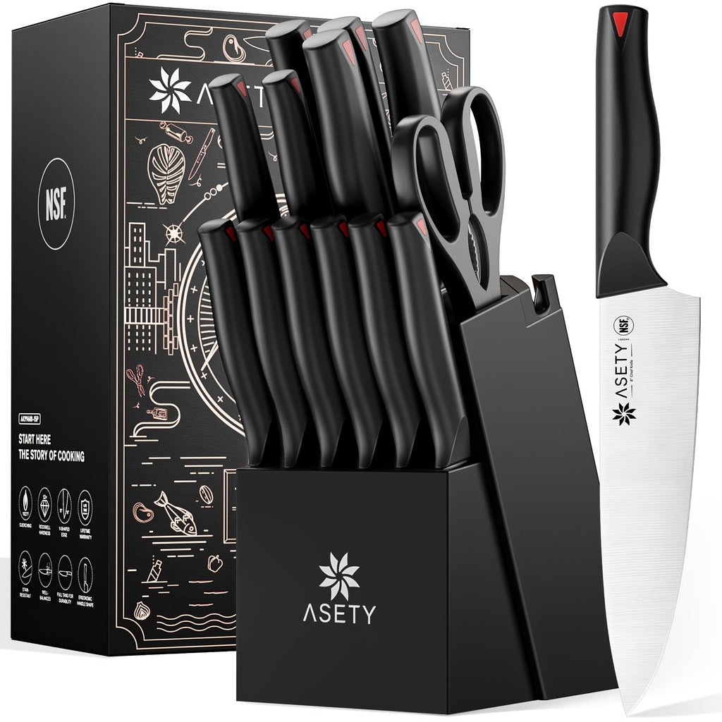 Kitchen Knife Set by ASETY, 15-Piece Stainless Steel Block Set with PP Handles in Two Finish Options