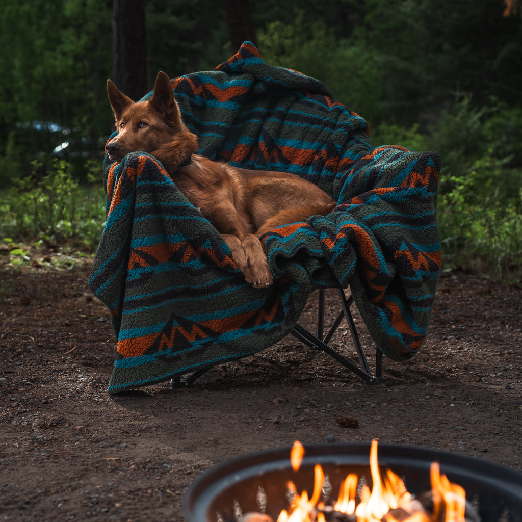 A dog with reddish fur is comfortably curled up on a camping chair covered with a colorful Sherpa Fleece Waterproof Blanket. The chair is placed outdoors on a dirt ground. In the foreground, there is a small fire burning in a fire pit, with a forested background.