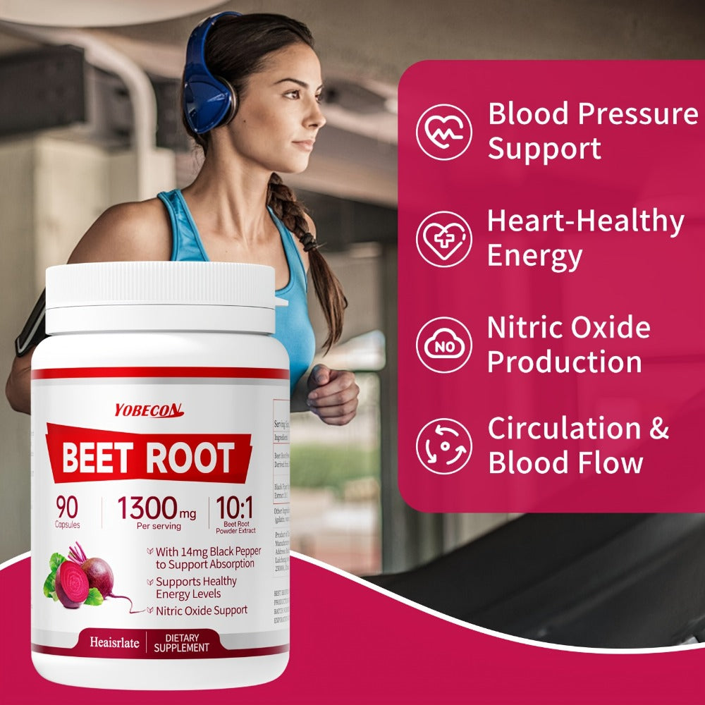 Dietary Supplement Capsules with YOBECO Label, Beet Root Extract 1300mg, Black Pepper and 90 Count