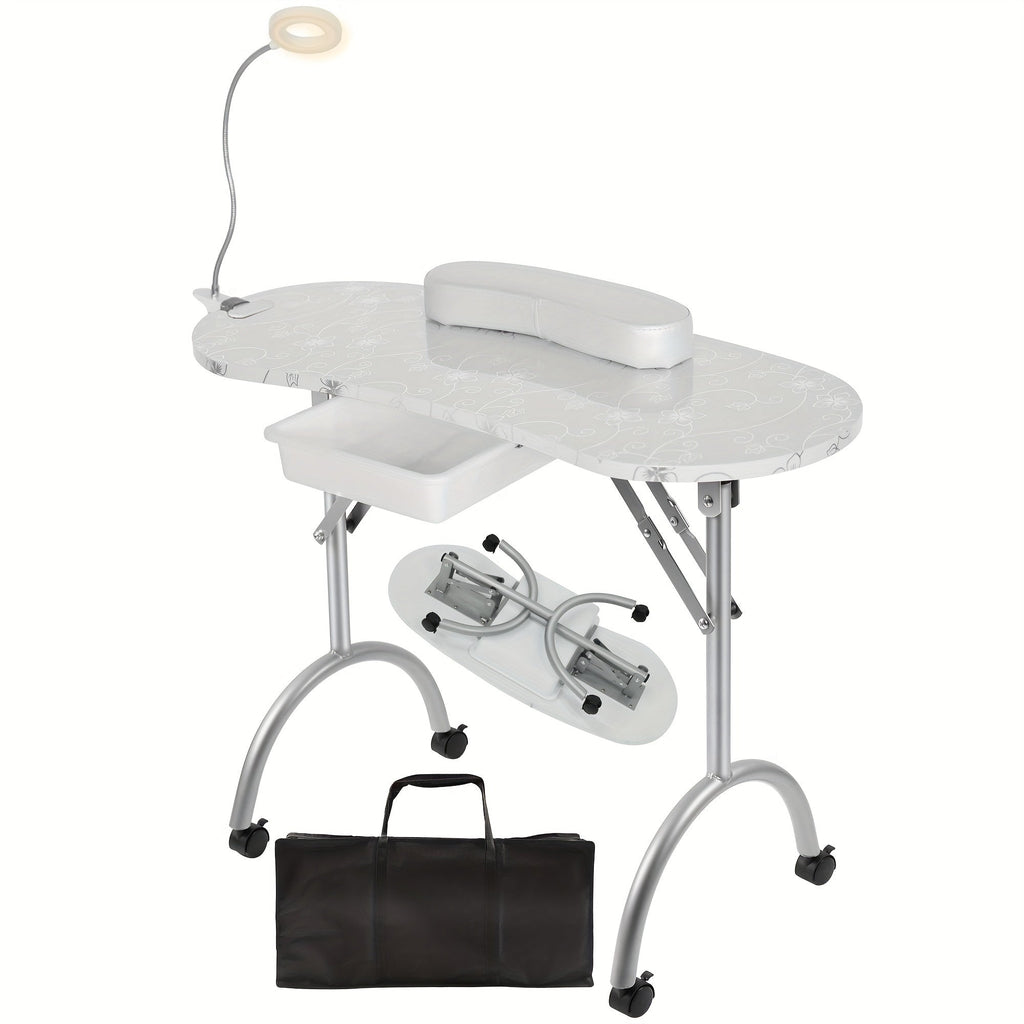 Foldable Nail Table with LED Lamp Drawer Lockable Wheels Wrist Cushion & Carrying Bag, Portable Manicure